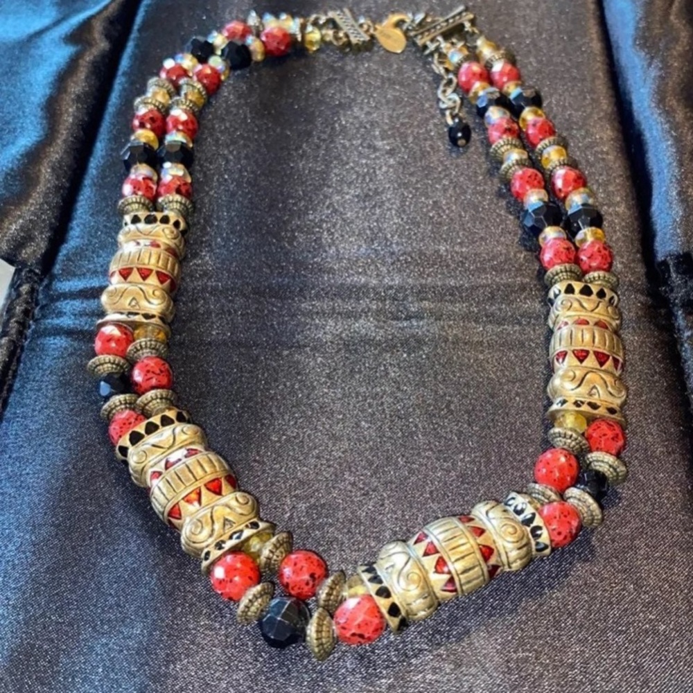Chicos double stranded Red, Black & Gold beaded Necklace